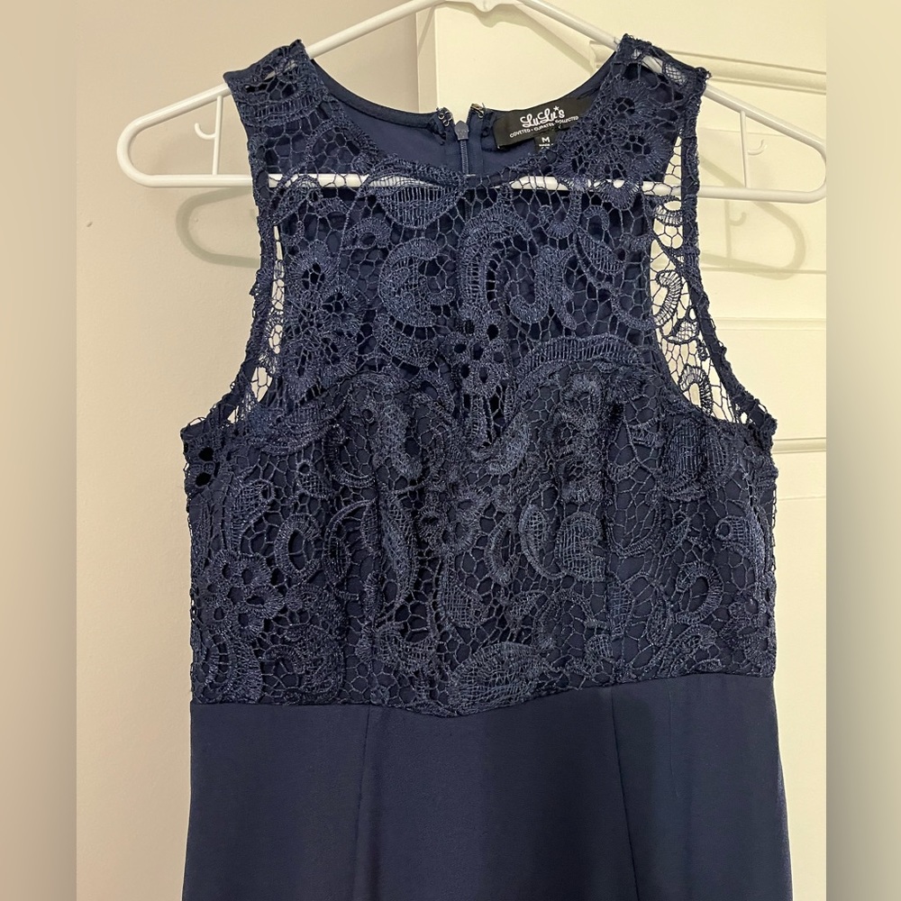 Navy blue evening gown, lace top, form fit and flare